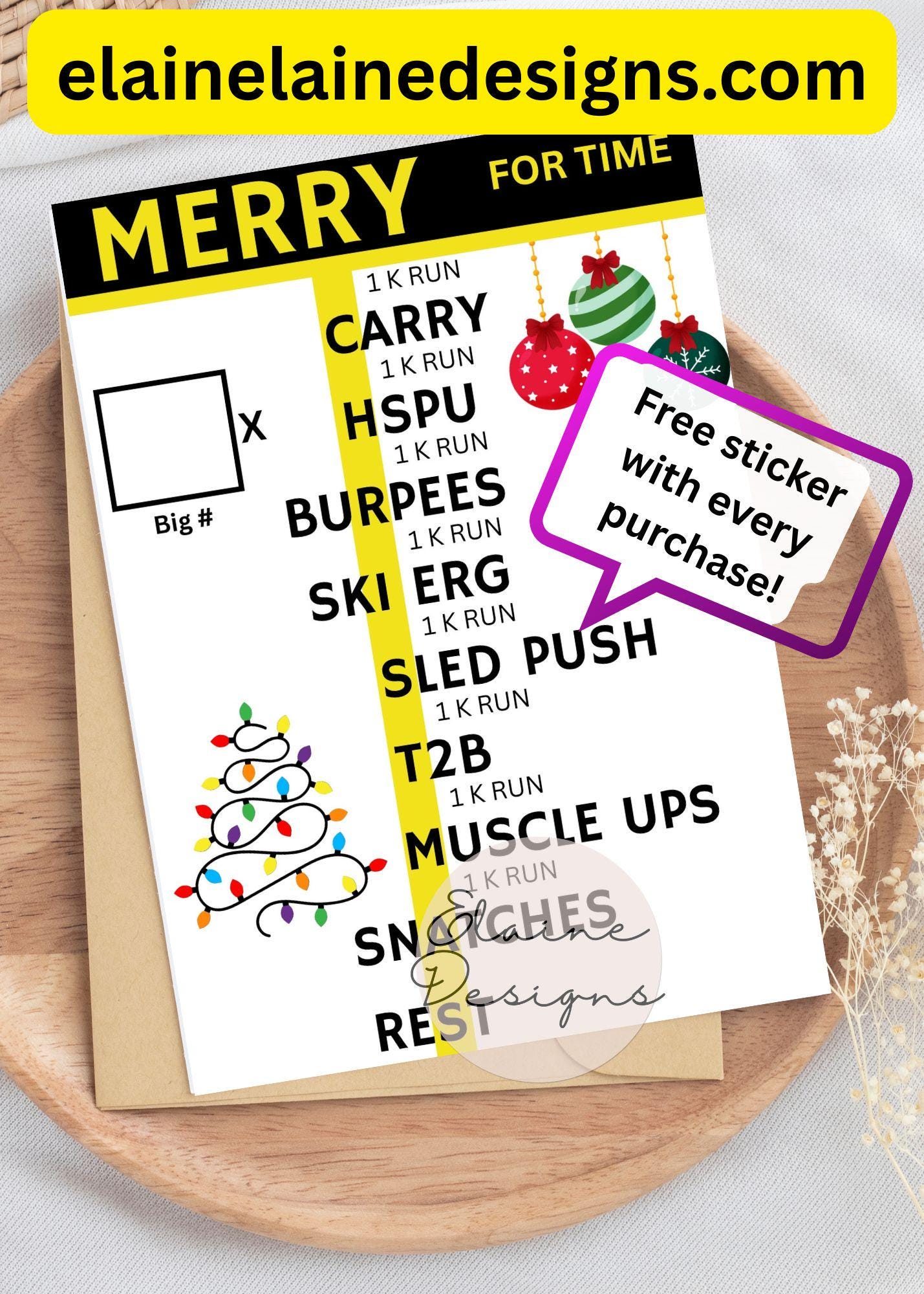 Merry Christmas WOD Card – Funny Fitness Holiday Card | Hyrox & CrossFit Workout Greeting | Free Sticker, EED-CARDS-19