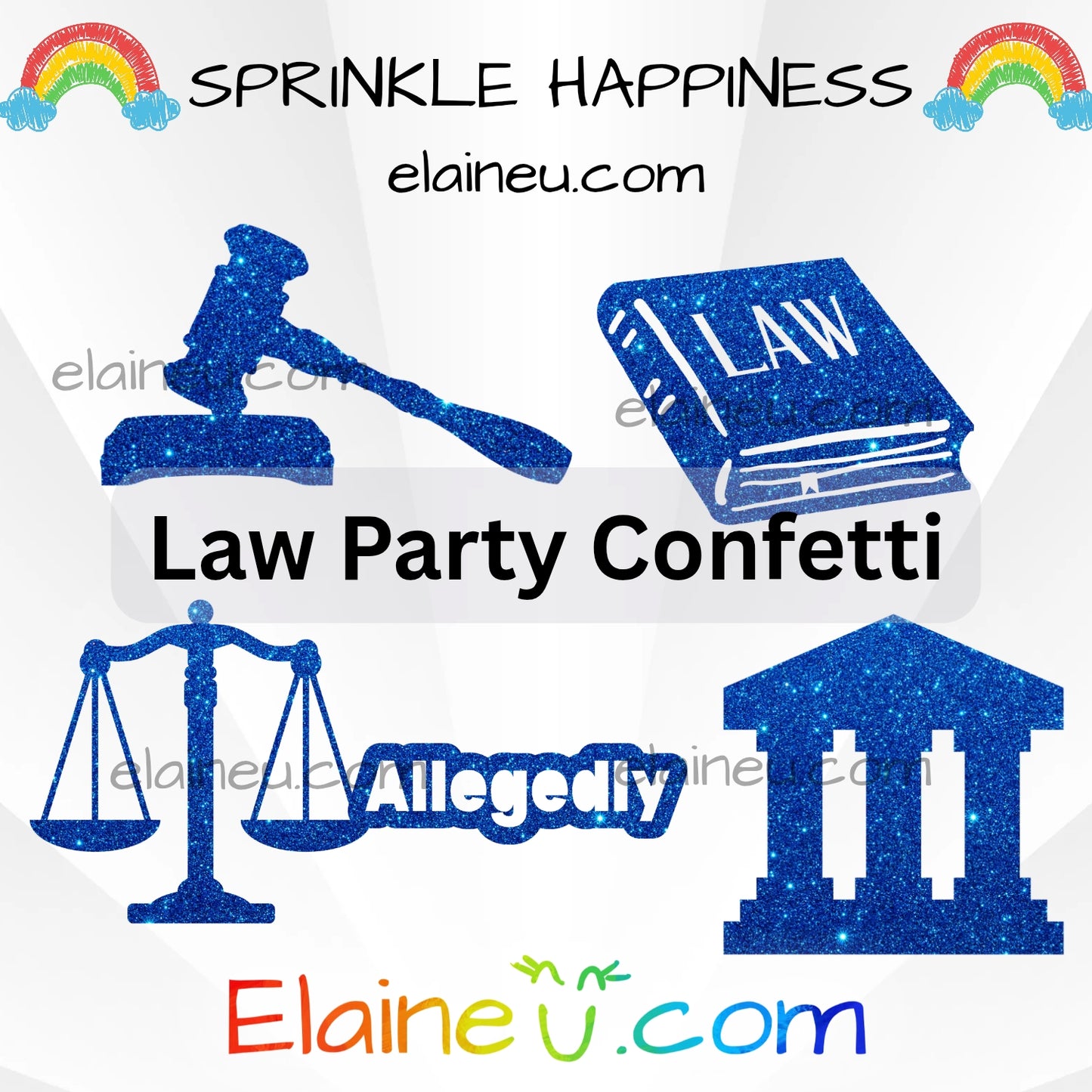Law-themed confetti with gavel, book, scales, and courthouse silhouette on a white background with rainbow elements.