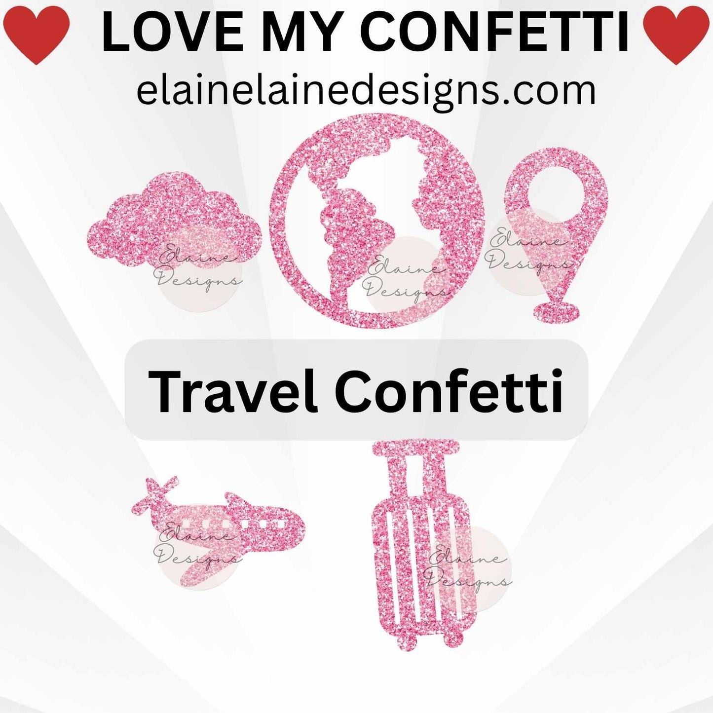 Travel confetti set featuring airplane, clouds, earth, travel pin, and suitcase shapes, cut from premium glitter cardstock in pink, gold, blue, and black. Perfect table scatter for travel-themed parties, bon voyage celebrations, destination weddings, scrapbooks, or DIY crafts. Adds a sparkling wanderlust touch to invitations, party décor, and creative projects.