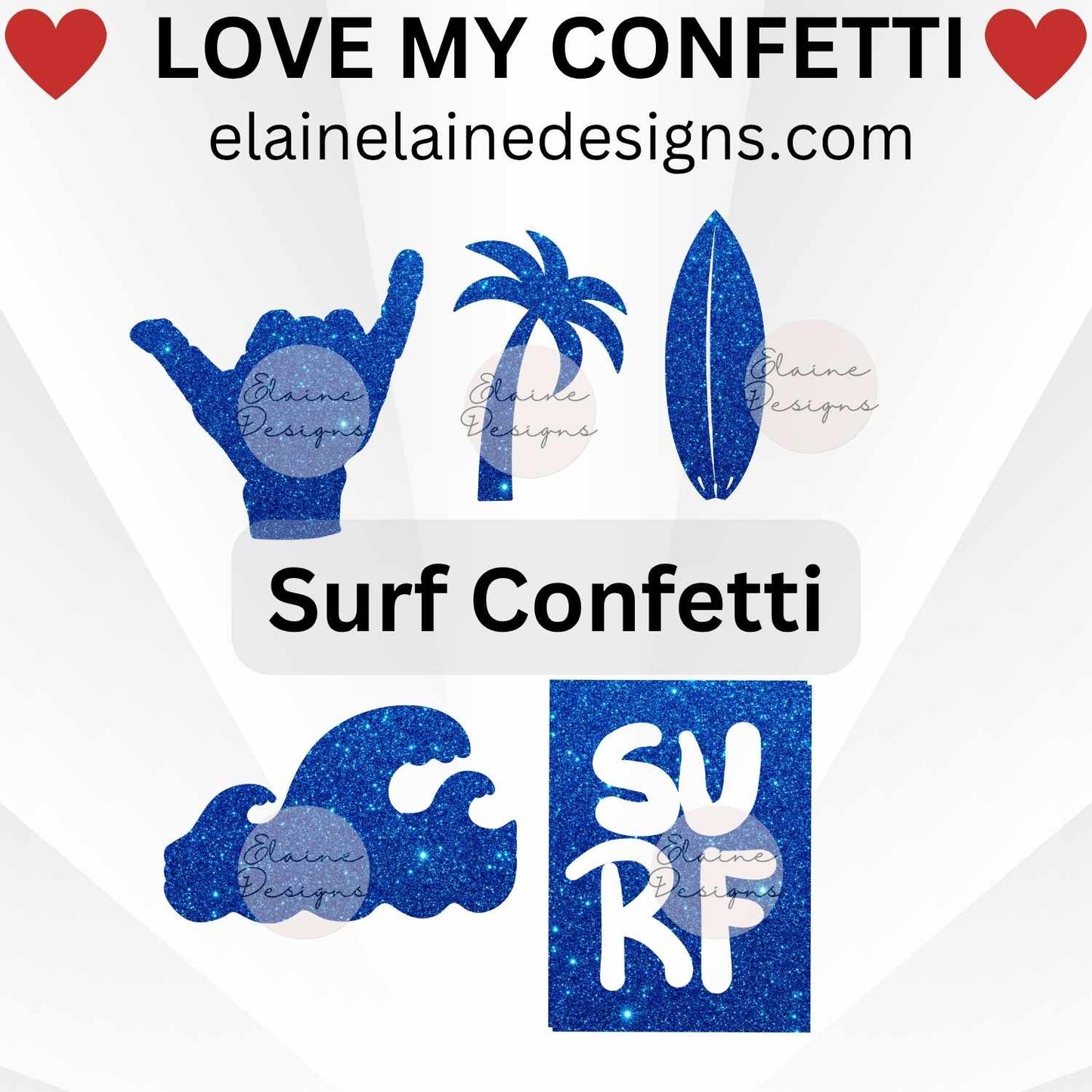 Surf confetti set featuring surfboard, wave, palm trees, hang ten, and the word surf. Made from glitter cardstock, perfect for luau parties, beach weddings, summer birthdays, or scrapbooking. Adds sparkle to tables, invitations, and DIY projects. Sizes in images not to scale – see size options.