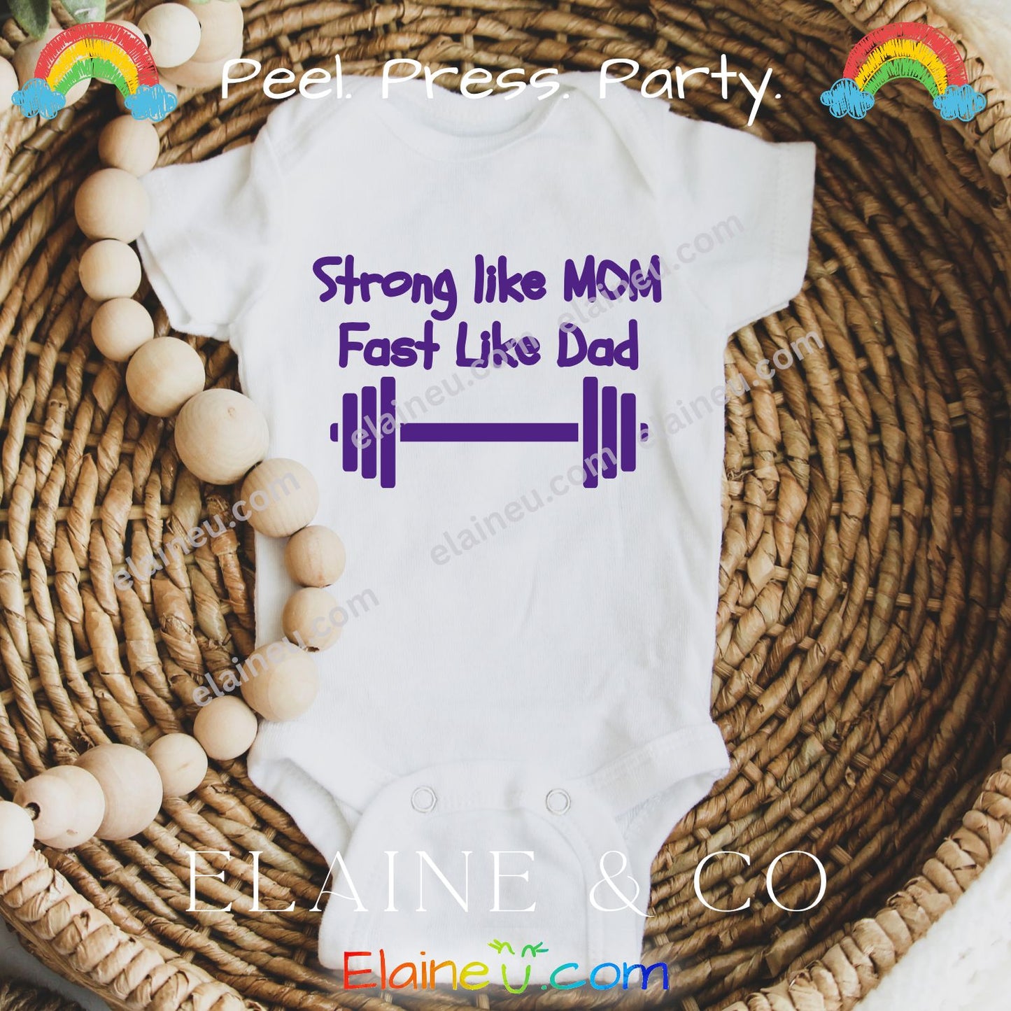 Iron-On Decal – Strong Like Mom, Fast Like Dad (Baby Onesie Transfer), EU-I-2