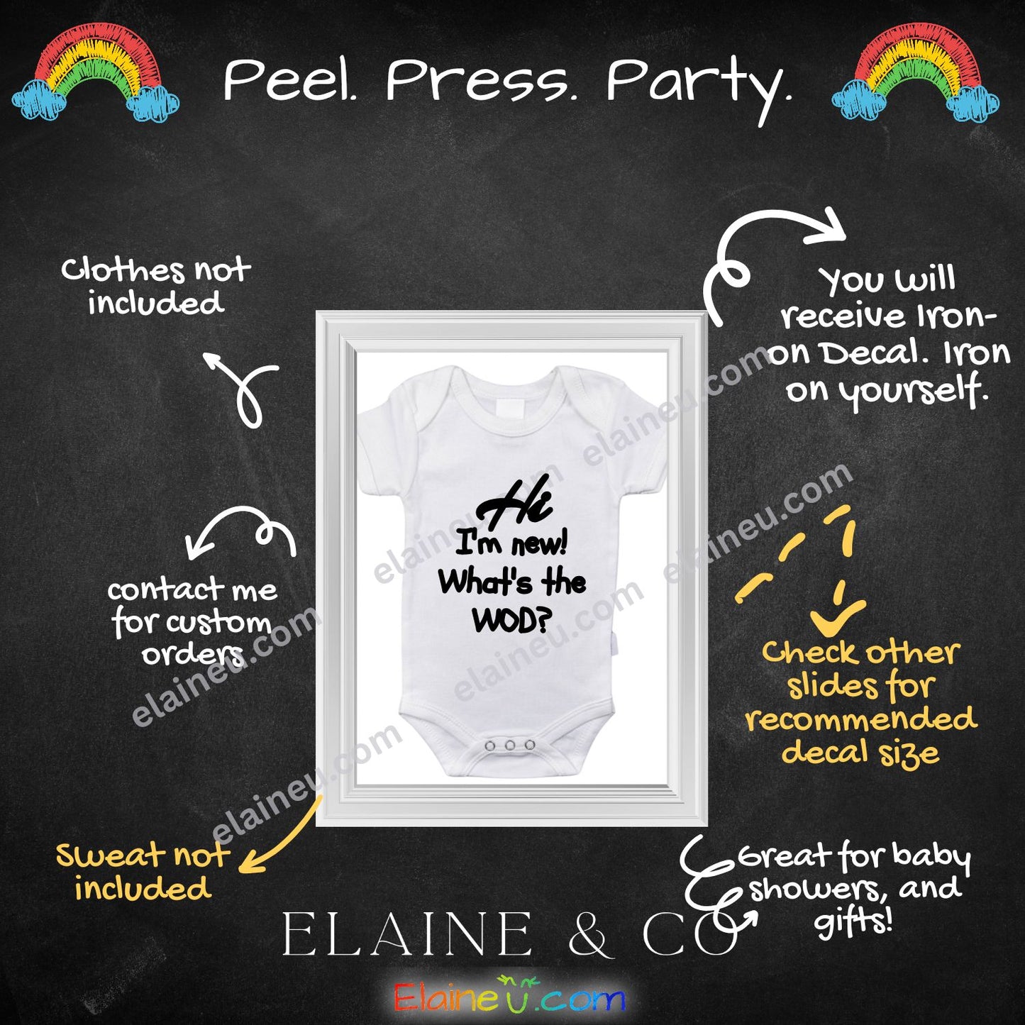 Iron-On Vinyl Decal – Hi! I’m New. What’s the WOD? (Baby Onesie Transfer, Clothing Not Included), EU-I-6