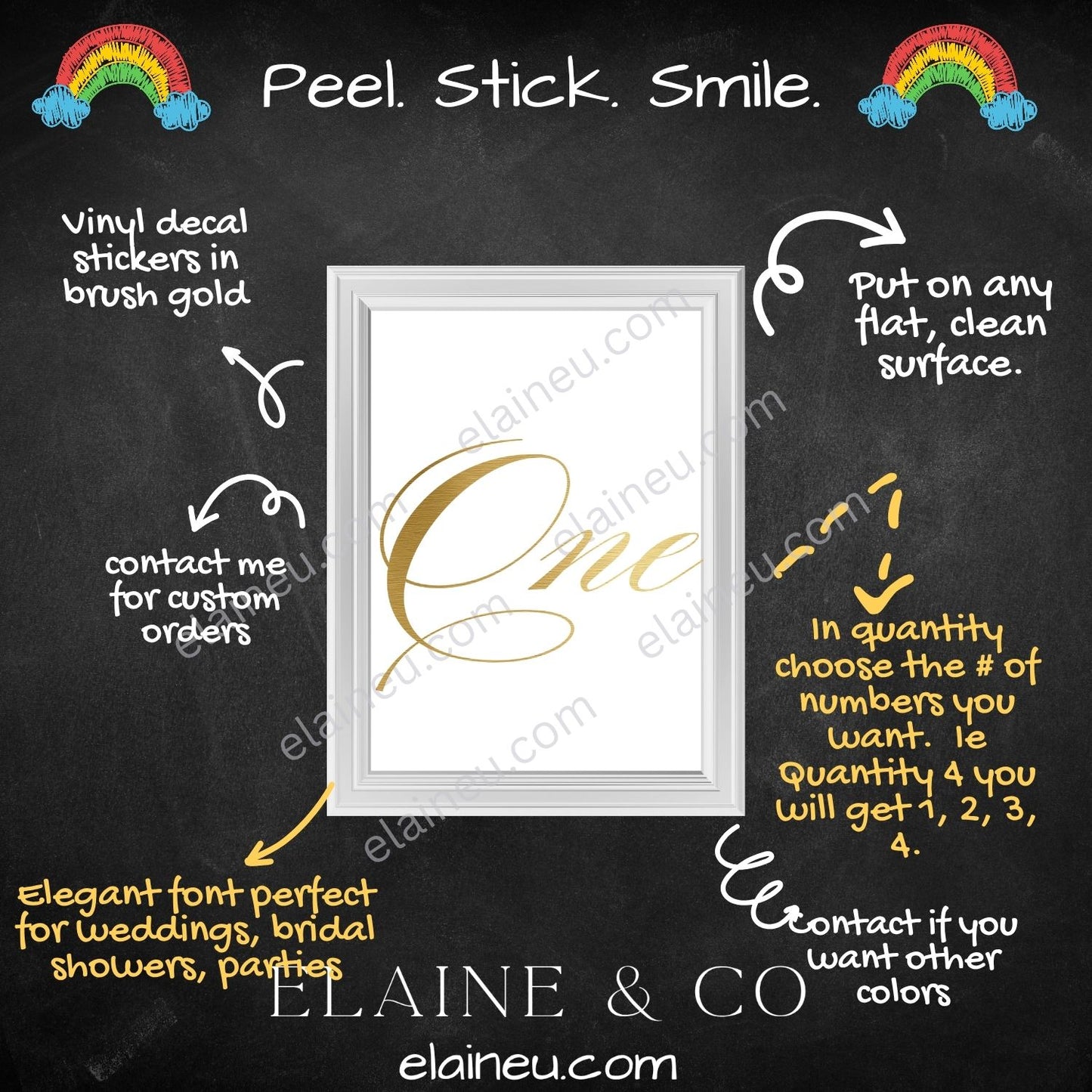 Brushed gold vinyl number word decals with words like “one,” “two,” and “three.” Perfect for weddings, table decor, parties, and crafts. Made from waterproof, UV-resistant vinyl with a metallic gold finish. Easy to apply on glass, acrylic, or wood. Sizes shown not to scale – refer to listing options.