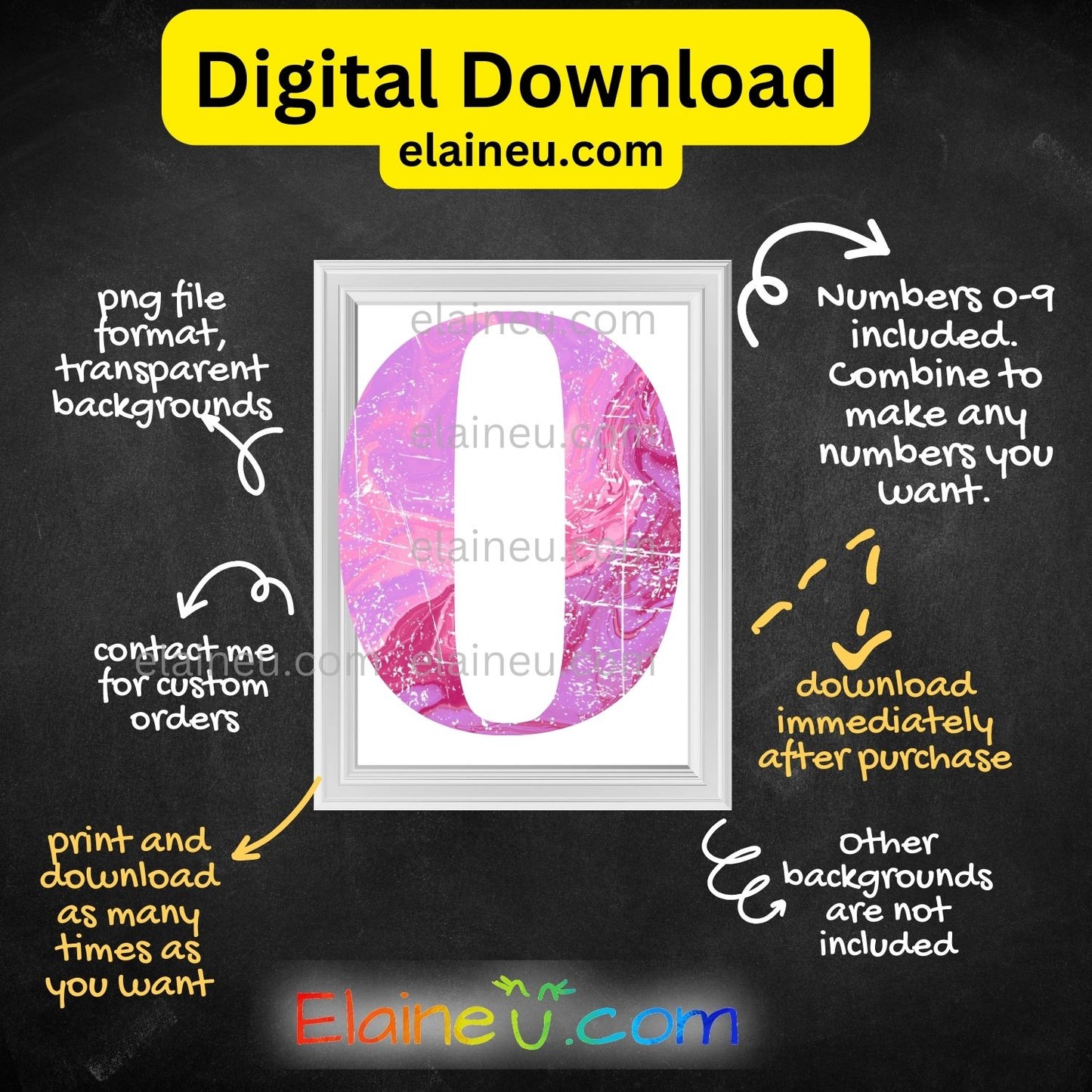 Distressed Marbled Numbers 0–9 | Pink Marble Number Clipart | Grunge Digital Download PNG JPG, EU-N-670