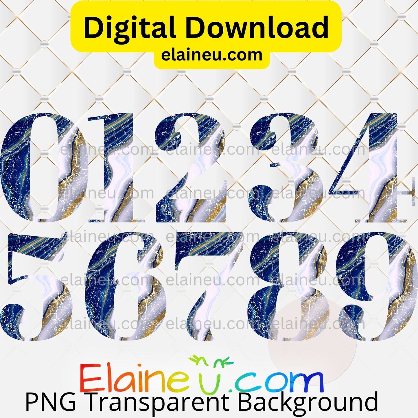 Blue, White & Gold Distressed Marbled Numbers 0–9 | 5"x5" PNG & JPG | Grunge Digital Download, EU-N-671