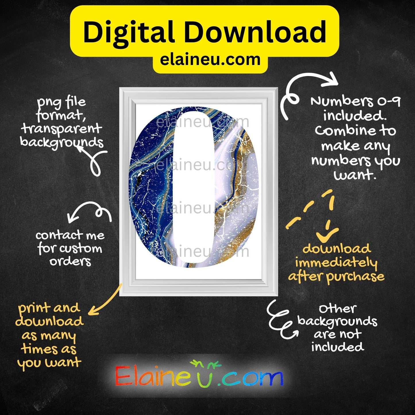 Blue, White & Gold Distressed Marbled Numbers 0–9 | 5"x5" PNG & JPG | Grunge Digital Download, EU-N-671