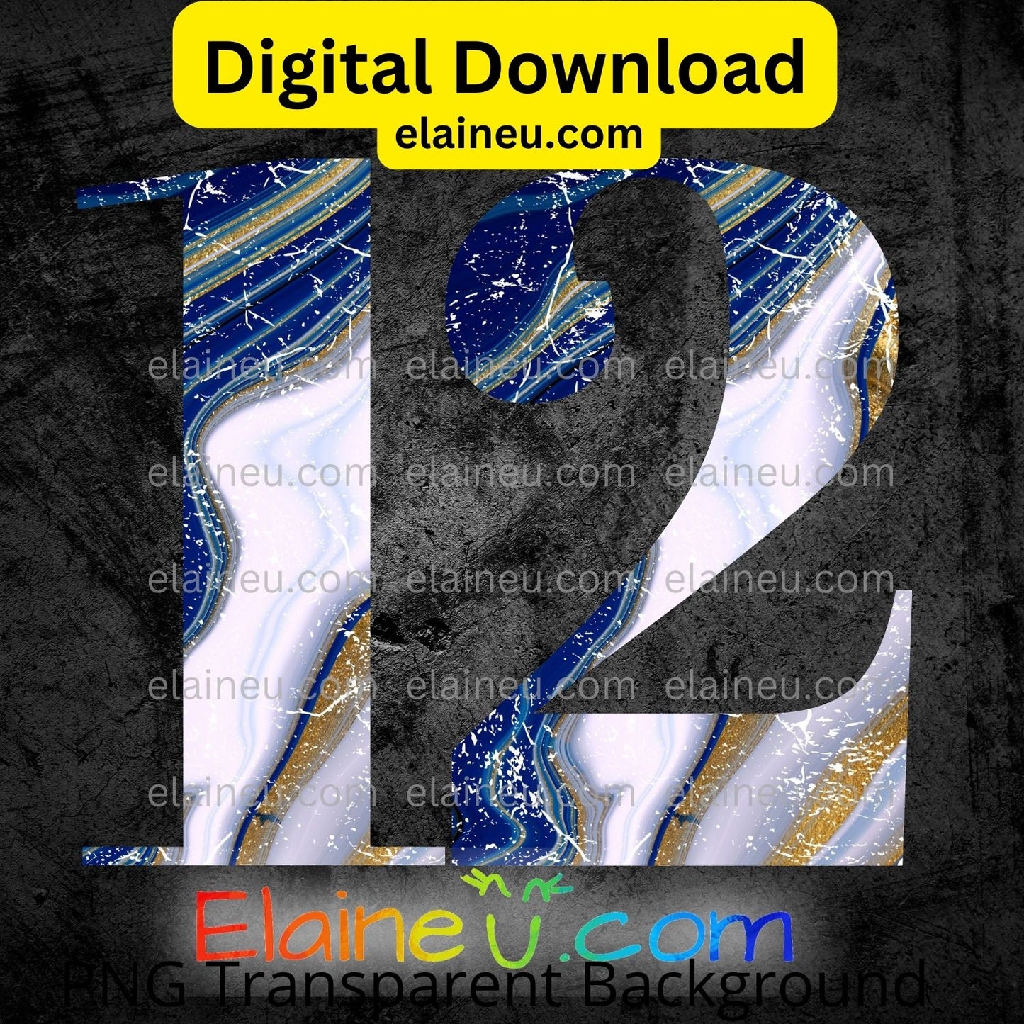 Blue, White & Gold Distressed Marbled Numbers 0–9 | 5"x5" PNG & JPG | Grunge Digital Download, EU-N-671