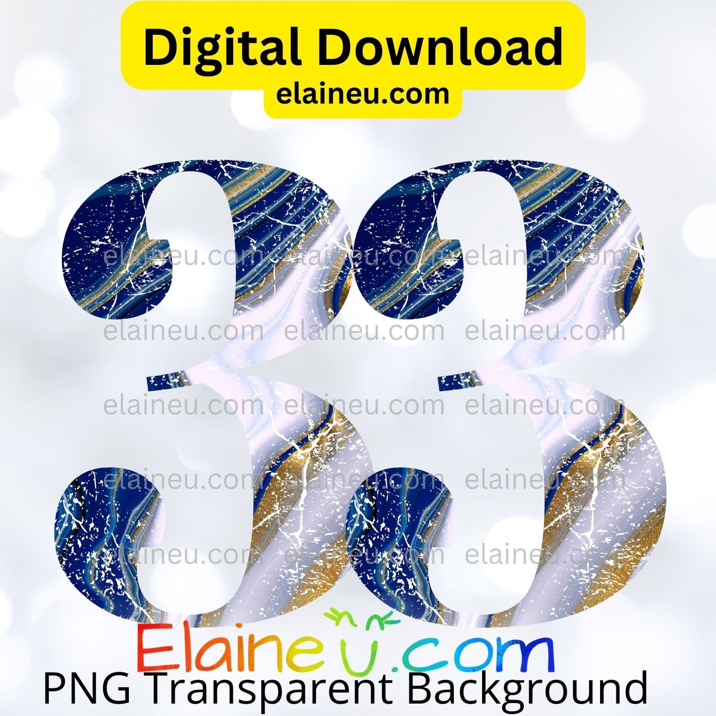 Blue, White & Gold Distressed Marbled Numbers 0–9 | 5"x5" PNG & JPG | Grunge Digital Download, EU-N-671
