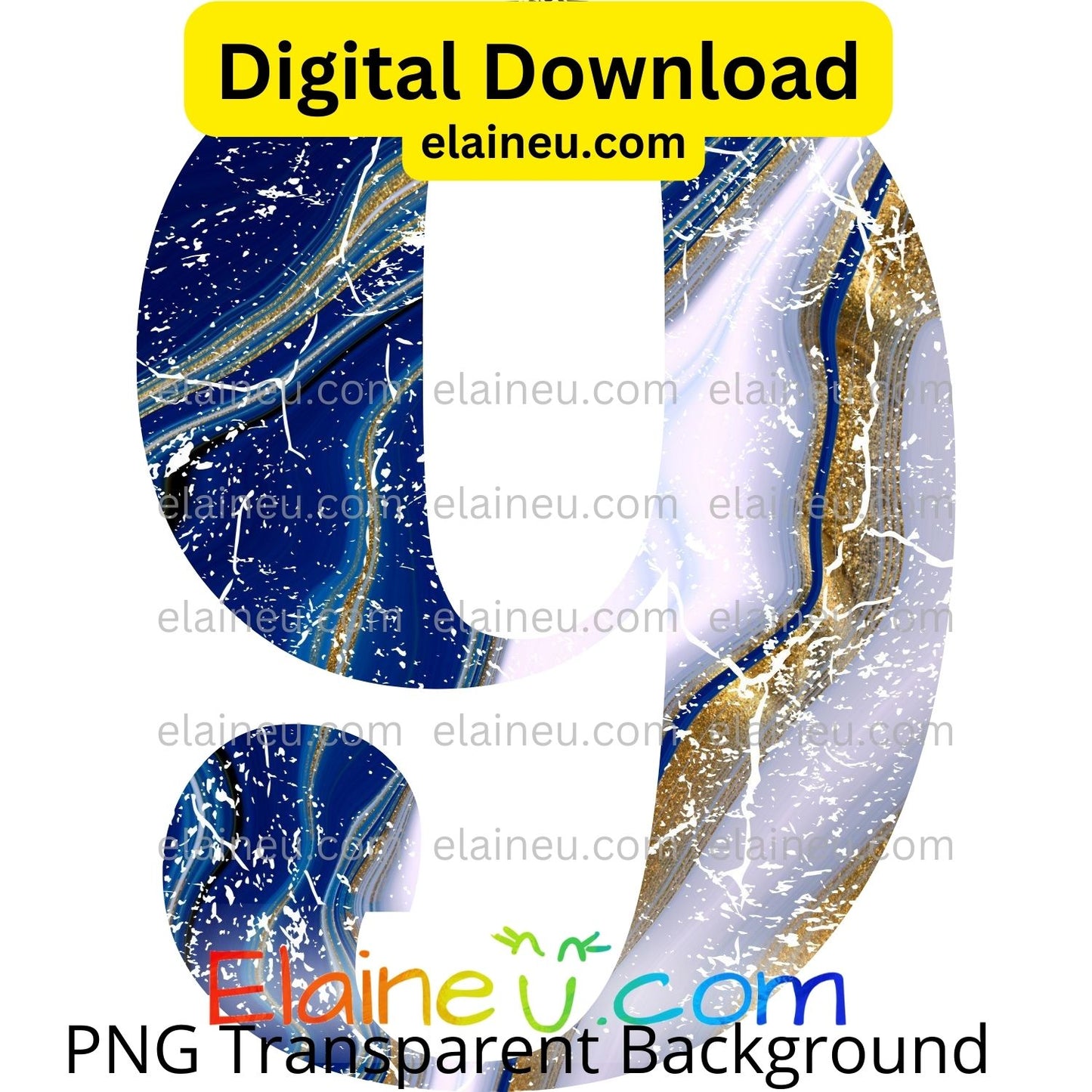 Blue, White & Gold Distressed Marbled Numbers 0–9 | 5"x5" PNG & JPG | Grunge Digital Download, EU-N-671