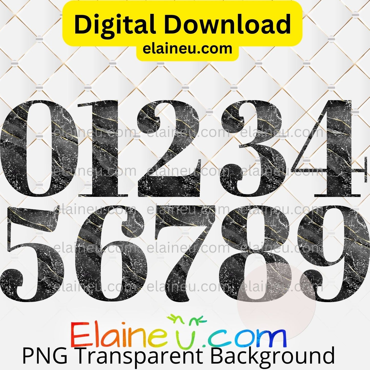 Black & Gold Distressed Marbled Numbers 0–9 | PNG & JPG | 5"x5" Digital Download, EU-N-672