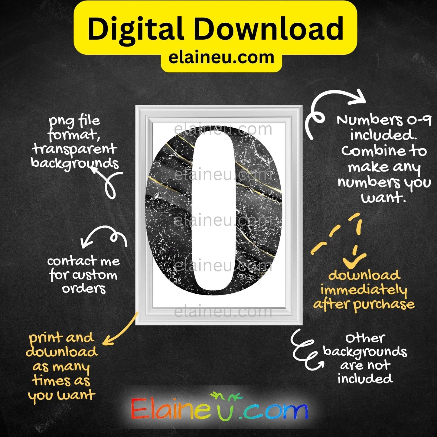 Black & Gold Distressed Marbled Numbers 0–9 | PNG & JPG | 5"x5" Digital Download, EU-N-672