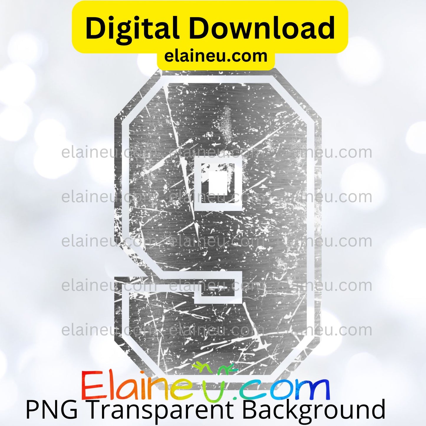 Silver Metallic Varsity Sports Numbers | Grunge Distressed Worn Out Style with Border | PNG JPG Digital Download, EU-N-687