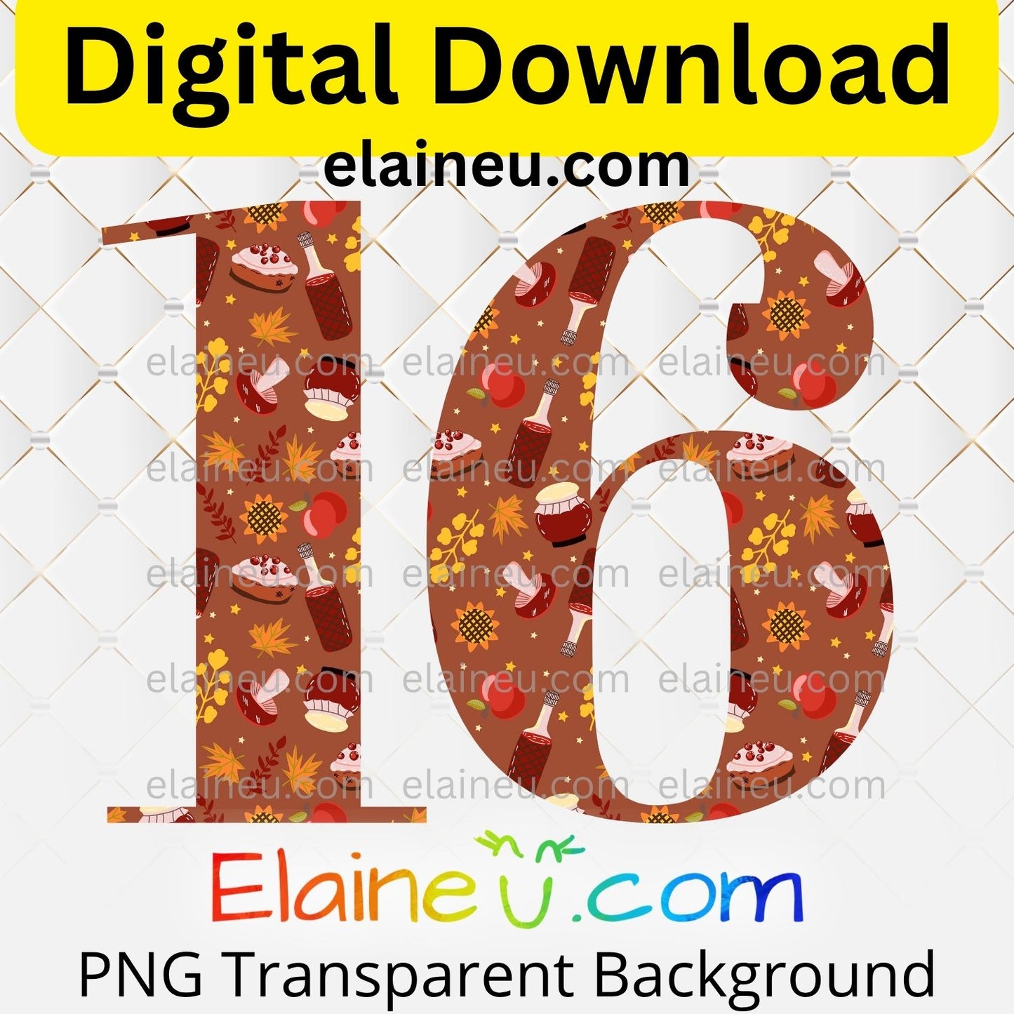 Brown Thanksgiving numbers digital download set featuring 0–9, each approx. 5x5 inches, decorated with autumn elements like sunflowers, apples, wine bottles, mushrooms, fall leaves, and pumpkin pie. High-resolution 300 DPI PNG with transparent backgrounds and JPG with white backgrounds included. Perfect for Thanksgiving party invitations, table numbers, banners, scrapbooking, journaling, DIY crafts, seasonal décor, and milestone celebrations.
