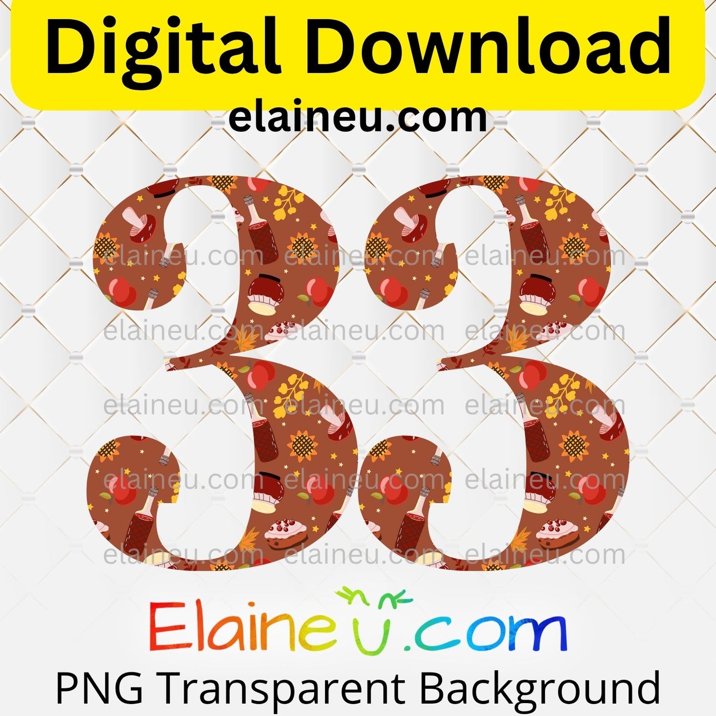 Brown Thanksgiving numbers digital download set featuring 0–9, each approx. 5x5 inches, decorated with autumn elements like sunflowers, apples, wine bottles, mushrooms, fall leaves, and pumpkin pie. High-resolution 300 DPI PNG with transparent backgrounds and JPG with white backgrounds included. Perfect for Thanksgiving party invitations, table numbers, banners, scrapbooking, journaling, DIY crafts, seasonal décor, and milestone celebrations.