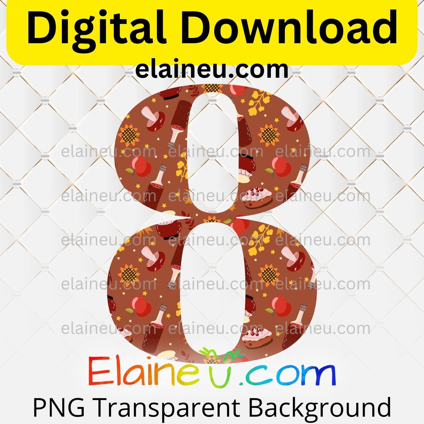 Brown Thanksgiving numbers digital download set featuring 0–9, each approx. 5x5 inches, decorated with autumn elements like sunflowers, apples, wine bottles, mushrooms, fall leaves, and pumpkin pie. High-resolution 300 DPI PNG with transparent backgrounds and JPG with white backgrounds included. Perfect for Thanksgiving party invitations, table numbers, banners, scrapbooking, journaling, DIY crafts, seasonal décor, and milestone celebrations.