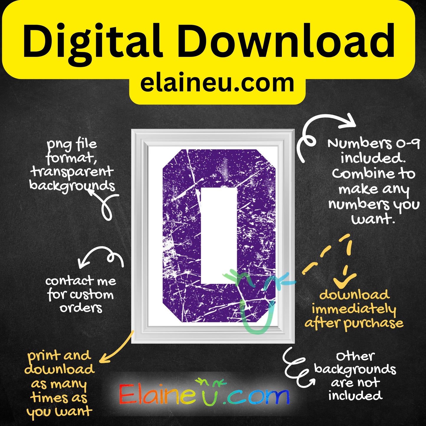 Purple grunge distressed sports numbers digital download set featuring 0–9 in a bold athletic style with a worn, textured finish. Each number is approx. 12x12 inches, provided in high-resolution 300 DPI PNG with transparent backgrounds and JPG with white backgrounds. Perfect for sports-themed designs, team projects, posters, apparel, scrapbooking, invitations, and DIY crafts. Vintage grunge aesthetic adds a rugged athletic feel to any project.