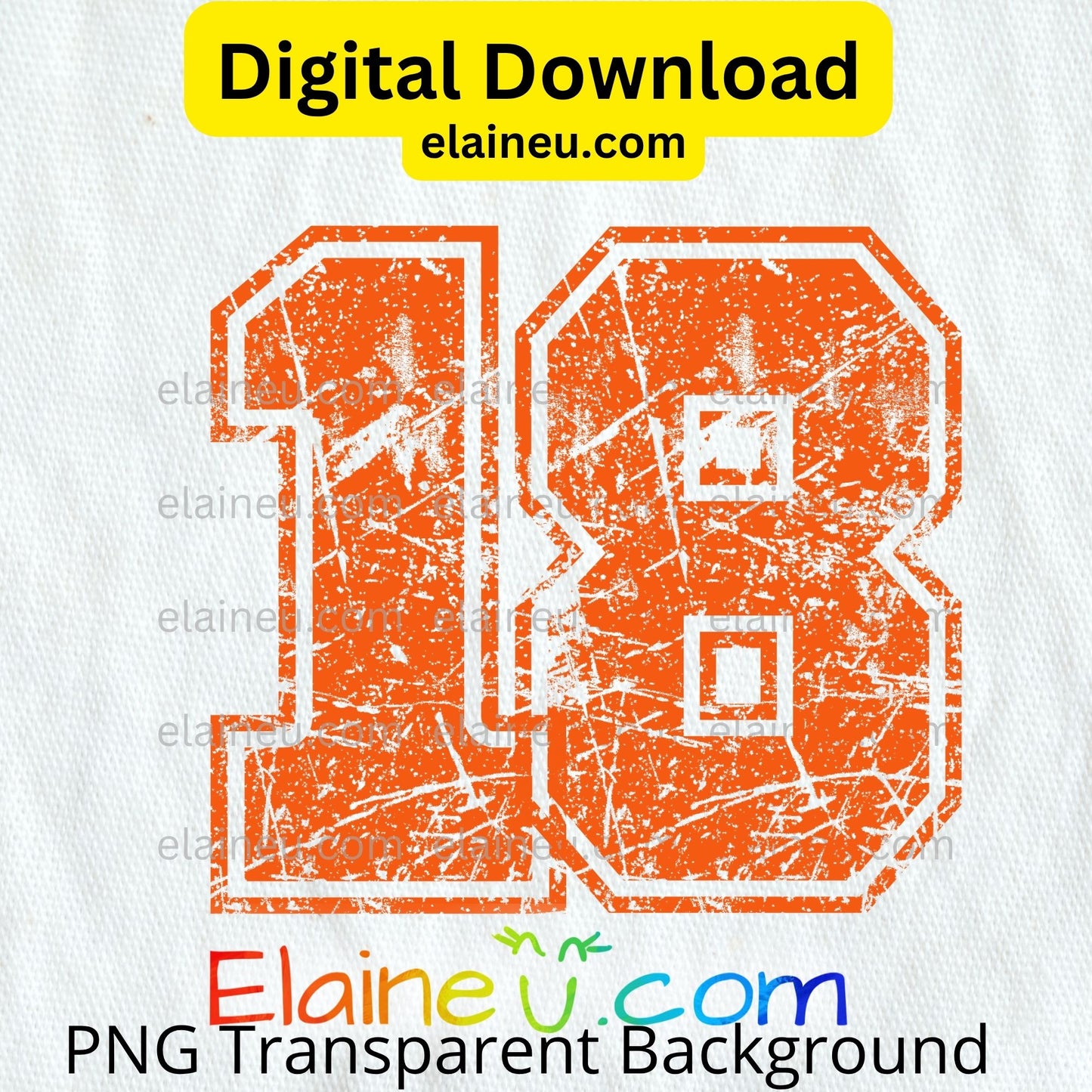 Orange number '18' with textured effect on a white background, featuring 'elaineu.com' branding.