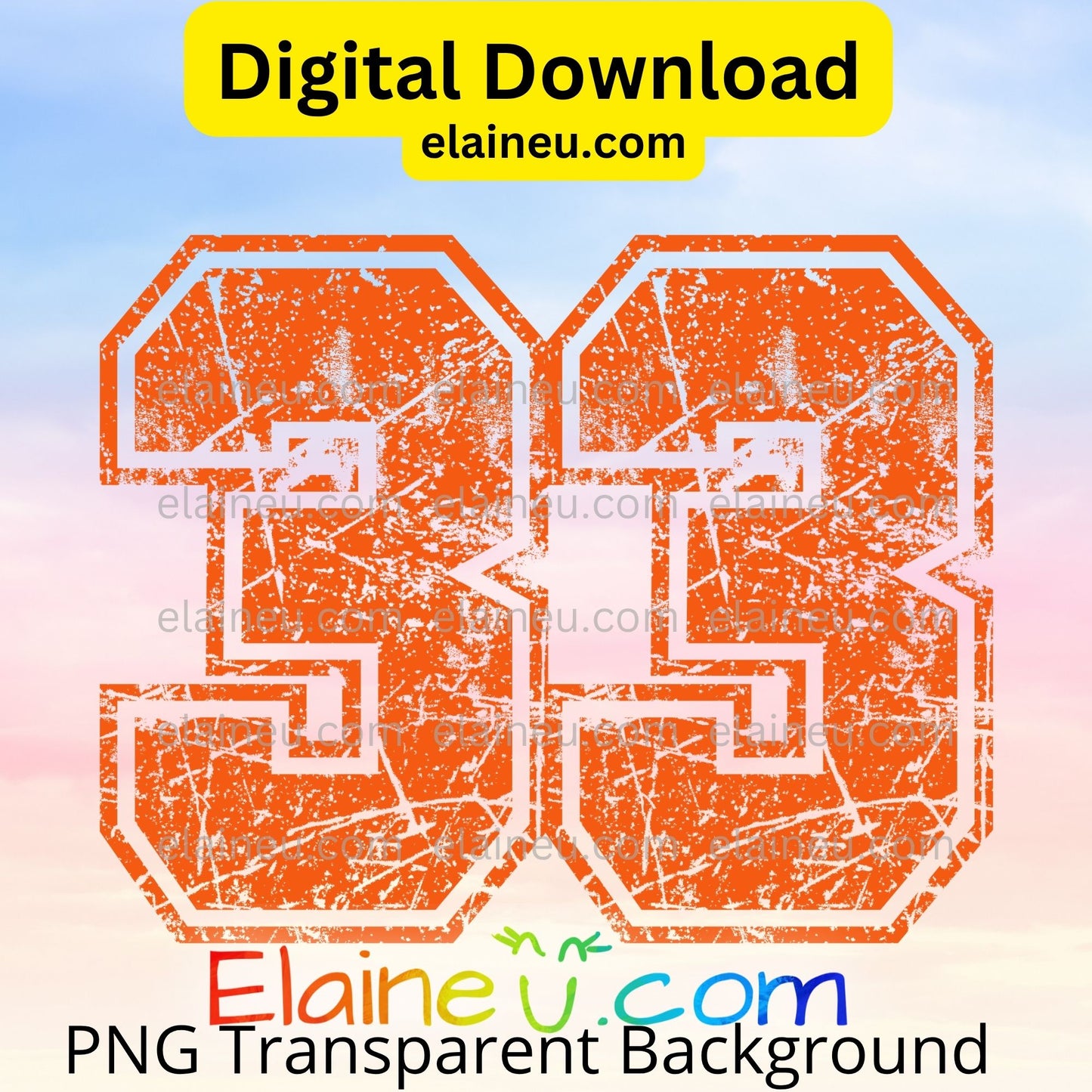 Orange geometric design with 'Elaineé.com' branding on a gradient background