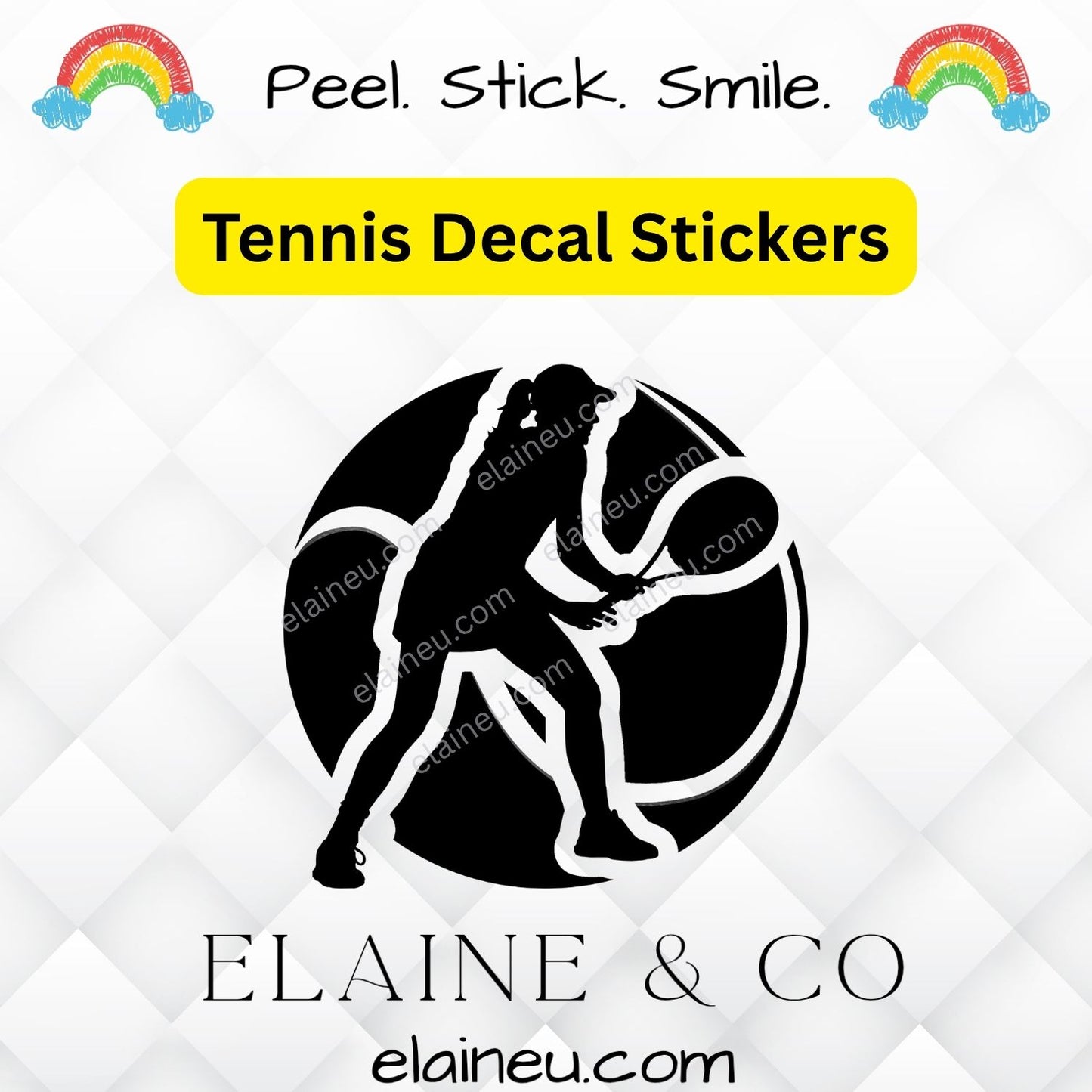 Tennis decal sticker with a silhouette of a player and ball, branded 'Elaine & Co' on a white background.