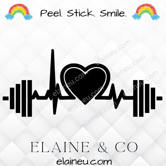 Workout decal sticker featuring a barbell and heart design, available in black, white, red, brushed gold, and blue. Made from durable vinyl for cars, laptops, tumblers, and gym gear. Perfect for CrossFit athletes, fitness lovers, and trainers. Sizes shown in images are not to scale β refer to size options for details.