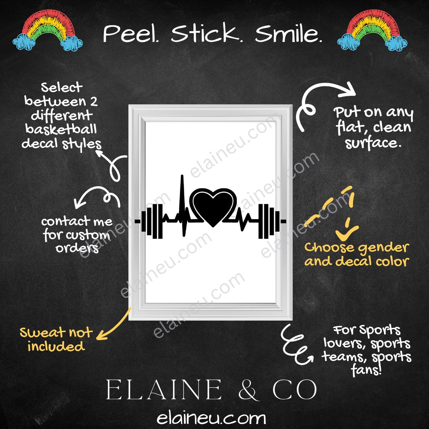 Workout decal sticker featuring a barbell and heart design, available in black, white, red, brushed gold, and blue. Made from durable vinyl for cars, laptops, tumblers, and gym gear. Perfect for CrossFit athletes, fitness lovers, and trainers. Sizes shown in images are not to scale – refer to size options for details.