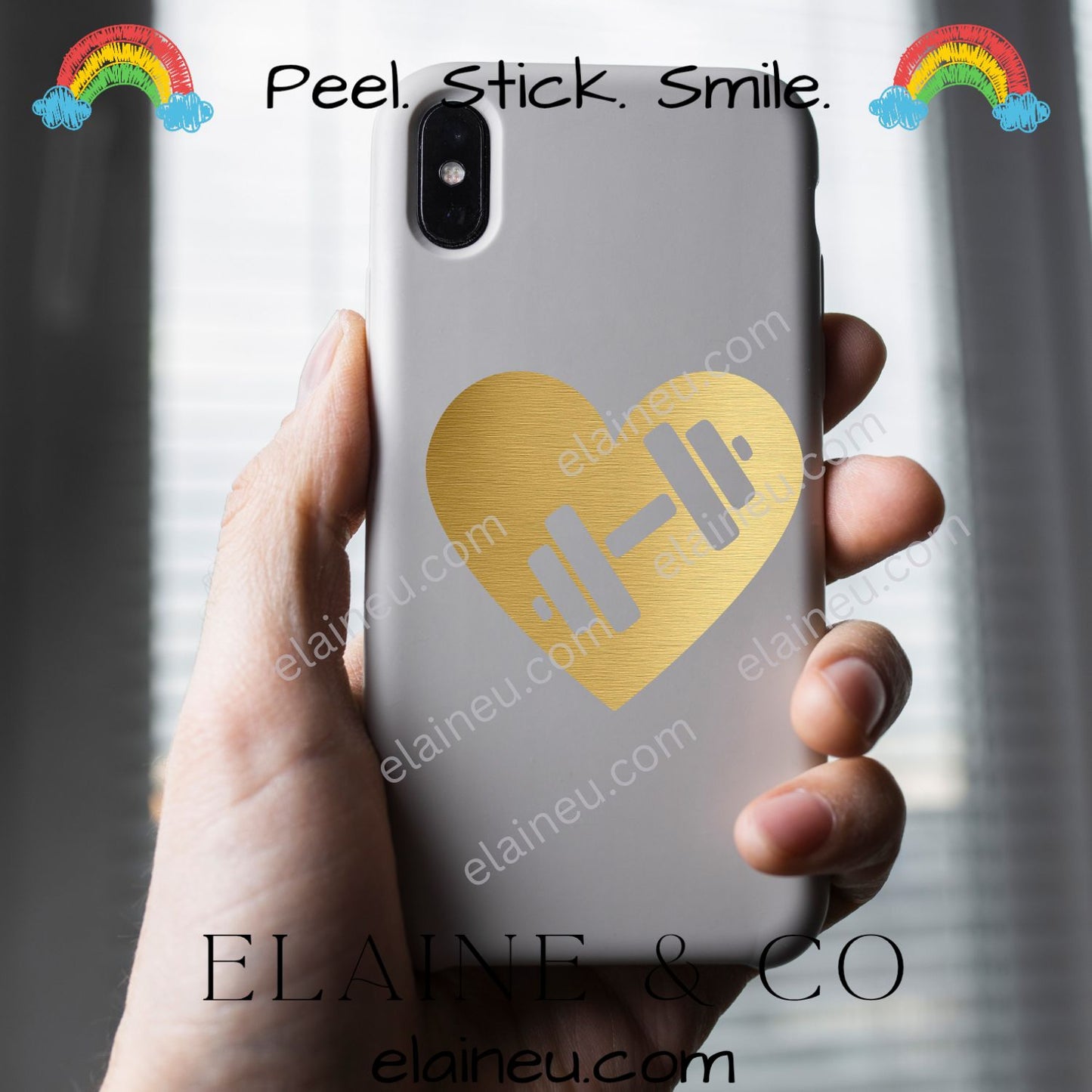 Barbell and heart fitness decal displayed on a phone case, featuring a heart shape with a barbell cutout in the center. Made from durable waterproof vinyl in black, white, red, brushed gold, or blue. Perfect for gym lovers, athletes, and fitness enthusiasts who want to personalize their phone with a motivational touch.