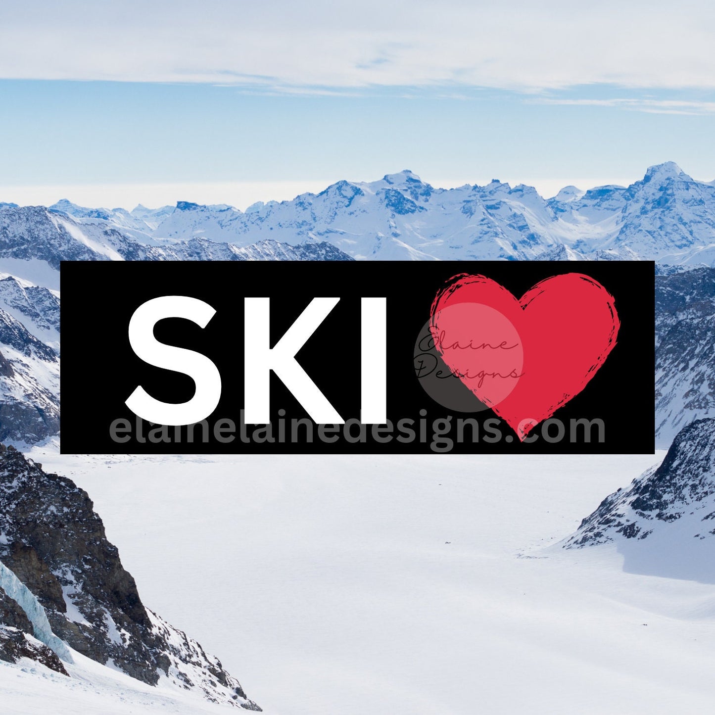 Ski or Snowboard Sticker – Black Rectangle with SKI Heart or RIDE Heart, ski sticker, snowboarding sticker, ride sticker, EED-SKI-183