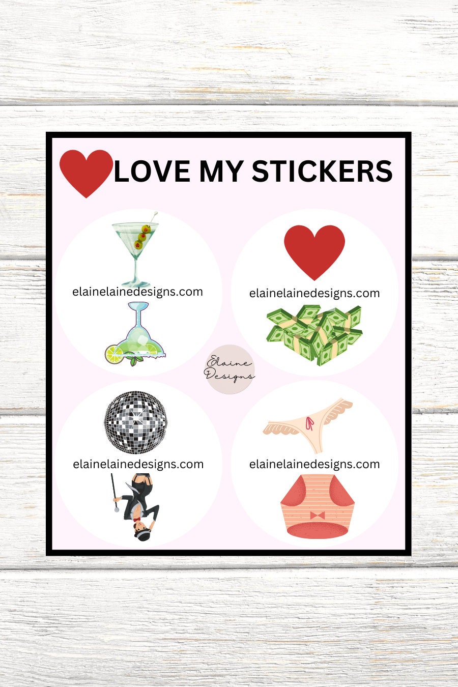 Tennis Spin Stickers – Girl Things Theme (Martini or Margarita, Love or Money, Disco or Cabaret, Thong or Underwear), Tennis Stickers, EED-SPIN-171
