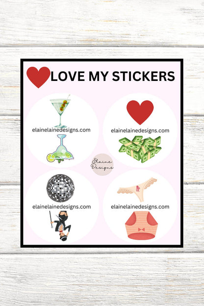 Tennis Spin Stickers – Girl Things Theme (Martini or Margarita, Love or Money, Disco or Cabaret, Thong or Underwear), Tennis Stickers, EED-SPIN-171