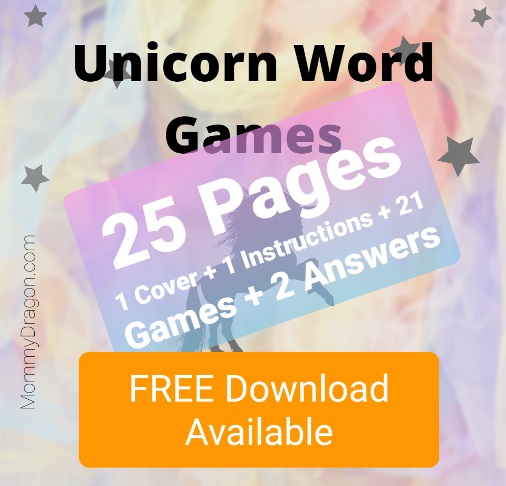Unicorn Word Game Printable – 21 Pages of Fun Activities for Kids, Showers, and Parties, EU-Fun-1