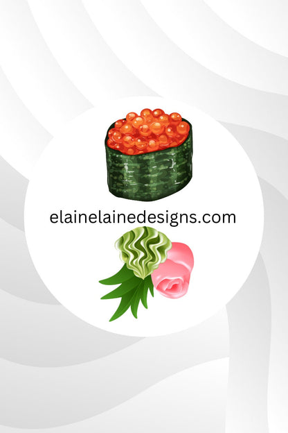 Tennis Spin Stickers – Japanese Food / Sushi Theme (Salmon or Tamago, Ebi or Red Tuna, Ikura or Ginger/Wasabi, Salmon Roll or Unagi),Tennis Stickers, Tennis Butts, Tennis Party, Pickleball Stickers, EED-SPIN-194