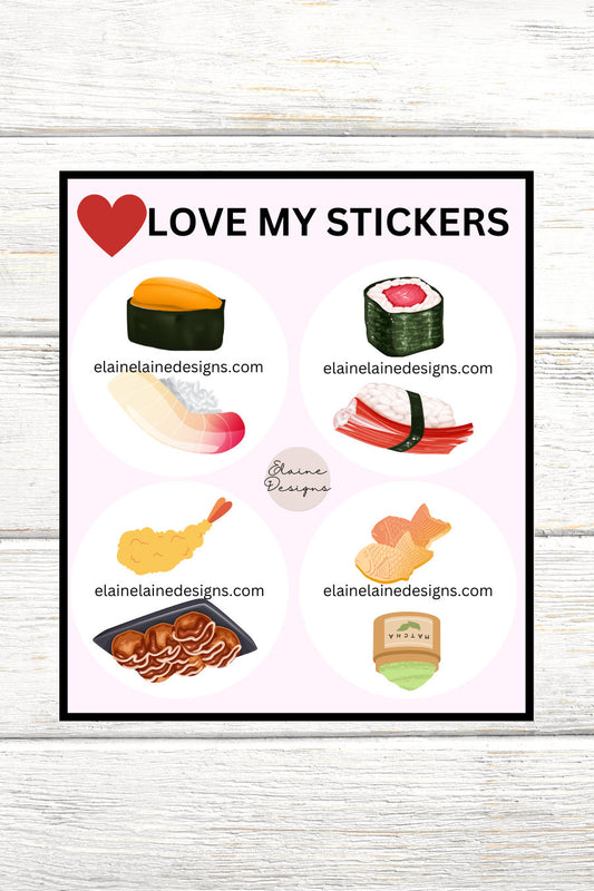 Tennis Spin Stickers – Japanese Food / Sushi Theme (Uni or Nigiri, Tuna Roll or Kani, Tempura or Takoyaki, Taiyaki or Matcha), Tennis Butt Stickers, Tennis Party, Tennis Favors, Pickleball Stickers, EED-SPIN-195