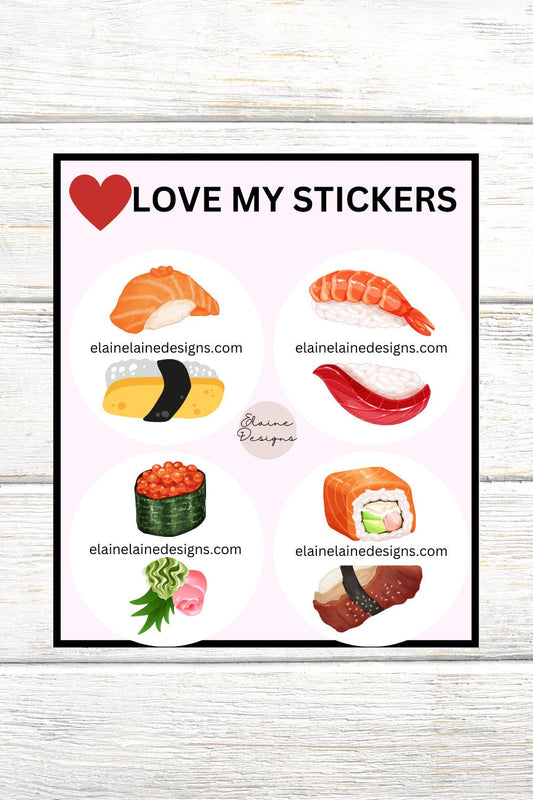 Tennis Spin Stickers – Japanese Food / Sushi Theme (Salmon or Tamago, Ebi or Red Tuna, Ikura or Ginger/Wasabi, Salmon Roll or Unagi),Tennis Stickers, Tennis Butts, Tennis Party, Pickleball Stickers, EED-SPIN-194