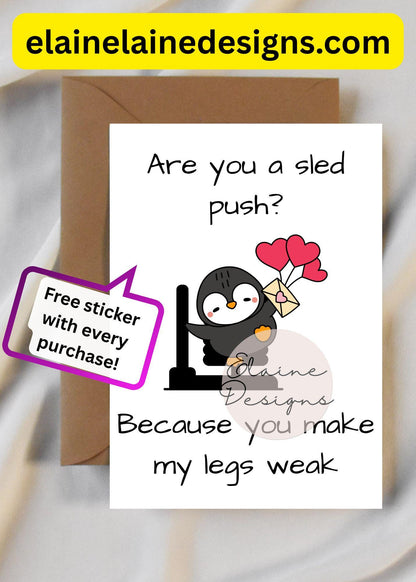 Hyrox Valentine’s Day Card – Funny Sled Push Penguin | CrossFit Fitness Love Card | Free Sticker, EED-CARDS-16