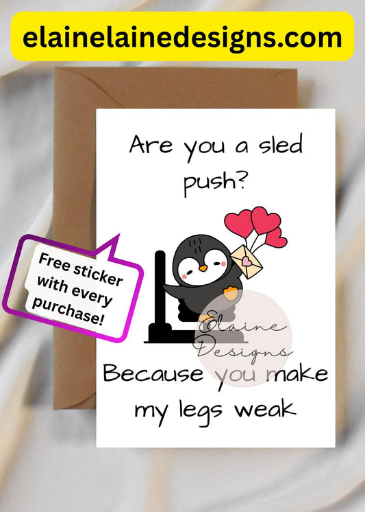 Hyrox Valentine’s Day Card – Funny Sled Push Penguin | CrossFit Fitness Love Card | Free Sticker, EED-CARDS-16