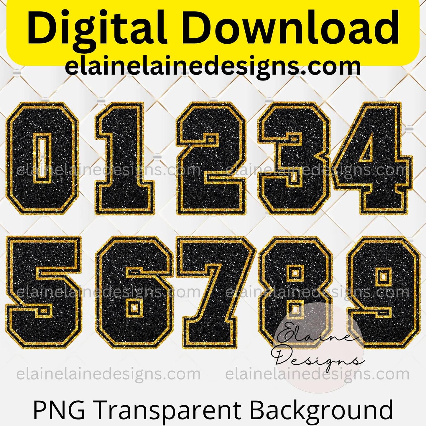 Black &amp; Gold Glitter Varsity Sports Numbers 0–9 | Digital Download PNG, EED-N-669