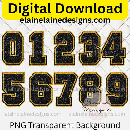 Black &amp; Gold Glitter Varsity Sports Numbers 0–9 | Digital Download PNG, EED-N-669