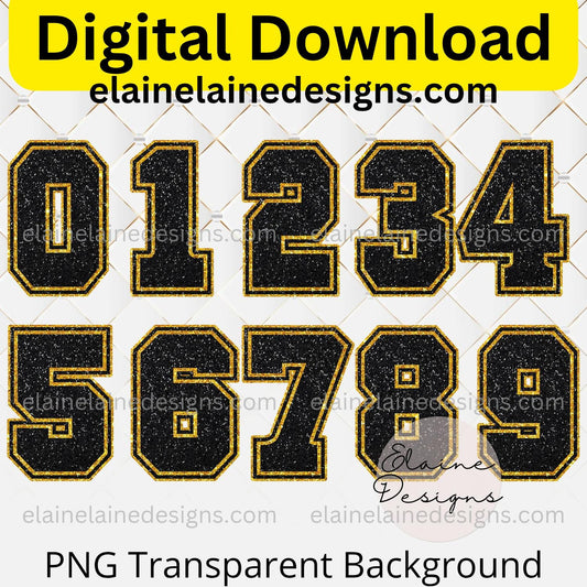 Black &amp; Gold Glitter Varsity Sports Numbers 0–9 | Digital Download PNG, EED-N-669