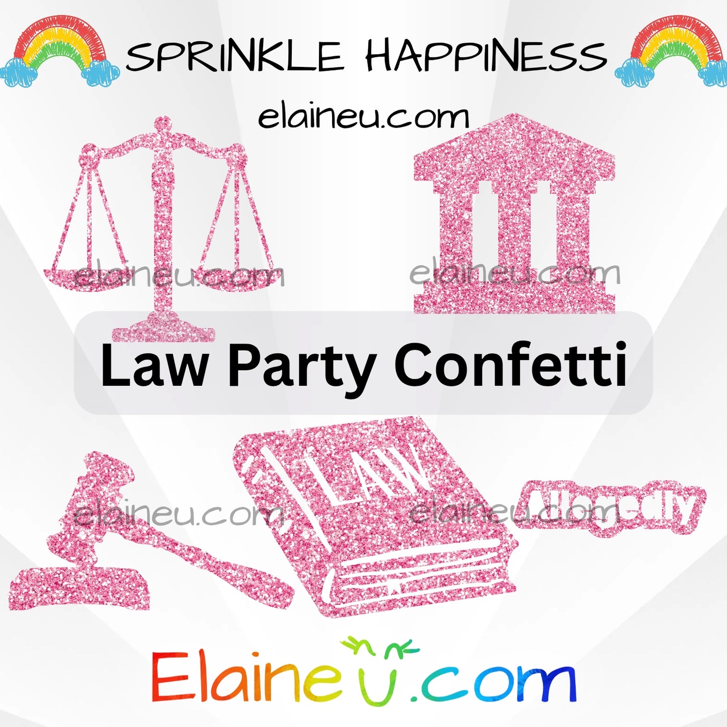Law-themed confetti with scales, gavel, and books on a white background with 'Sprinkle Happiness' text.