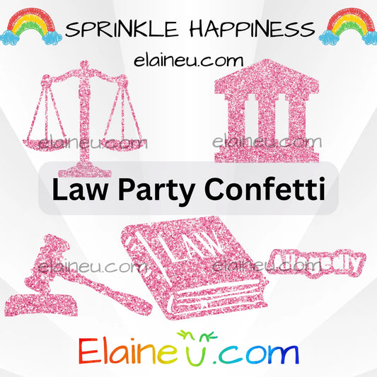 Law-themed confetti with scales, gavel, and books on a white background with 'Sprinkle Happiness' text.