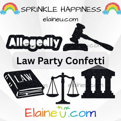 Lawyer party confetti and table scatter with 50 glitter cardstock pieces featuring gavels, law books, courthouses, scales of justice, and “allegedly.” Glitter on one side and white on the back. Perfect for law school graduations, birthdays, and baby showers. Sizes not to scale – refer to options for details.