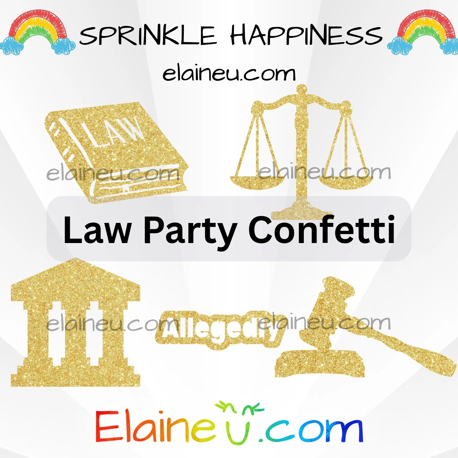Lawyer party confetti and table scatter with 50 glitter cardstock pieces featuring gavels, law books, courthouses, scales of justice, and “allegedly.” Glitter on one side and white on the back. Perfect for law school graduations, birthdays, and baby showers. Sizes not to scale – refer to options for details.