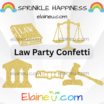 Lawyer party confetti and table scatter with 50 glitter cardstock pieces featuring gavels, law books, courthouses, scales of justice, and “allegedly.” Glitter on one side and white on the back. Perfect for law school graduations, birthdays, and baby showers. Sizes not to scale – refer to options for details.