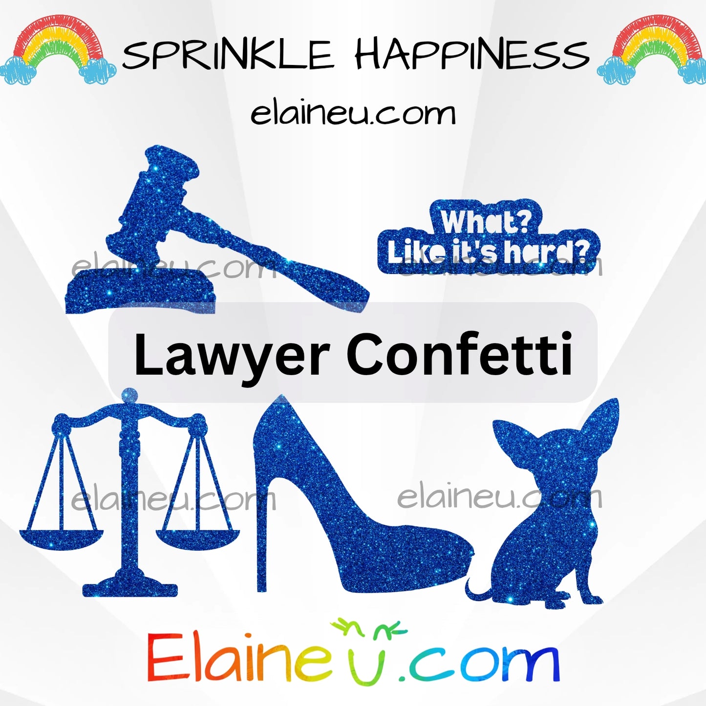 Blue glittery lawyer-themed confetti with gavel, scale, high heel, and dog silhouette on a white background with rainbow elements.