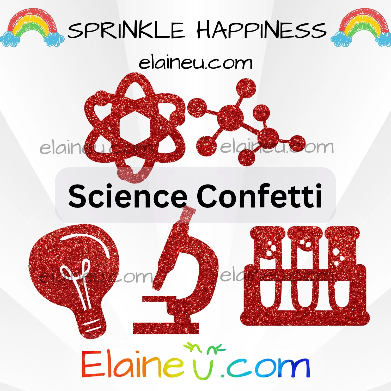 Science-themed confetti with atom, molecule, light bulb, and microscope symbols on a white background with rainbow elements.