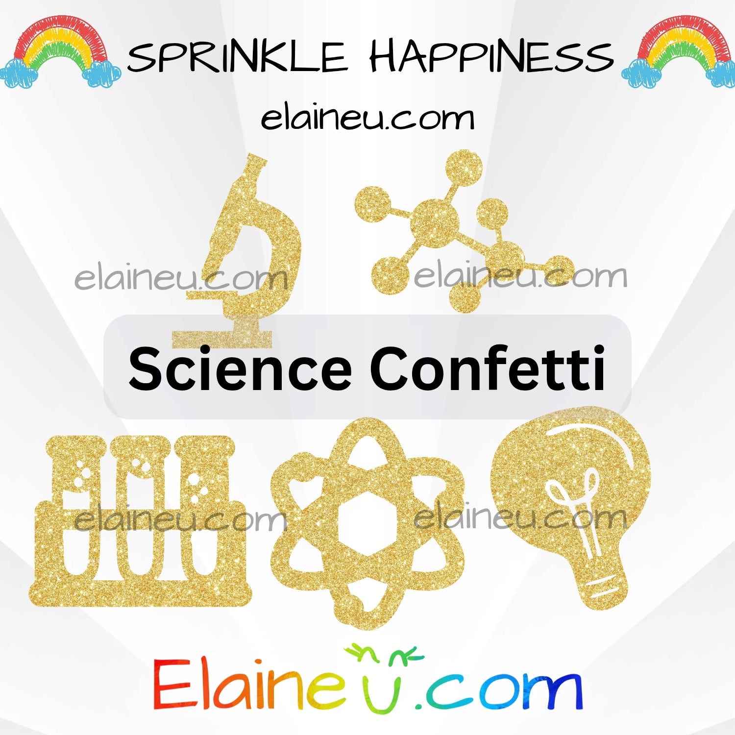 Science-themed confetti with symbols on a white background, featuring the brand 'Sprinkle Happiness' and 'Elaineéñ.com'.