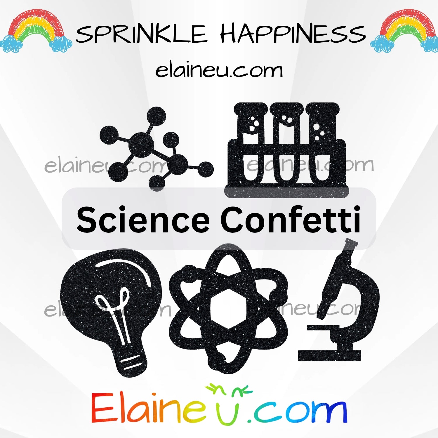 Science-themed confetti with symbols like a molecule, test tubes, light bulb, atom, and microscope on a white background with rainbow elements.