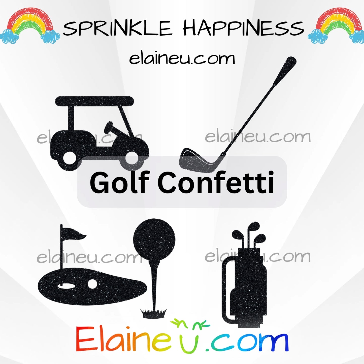 Golf confetti set featuring golf clubs in a bag, single club, golf cart, golf flag with hole and ball, and golf ball on a tee. Made from premium cardstock in green, gold, and white. Perfect for golf birthdays, retirements, or tournament parties. Contains small parts – keep out of reach of children. Sizes shown not to scale.