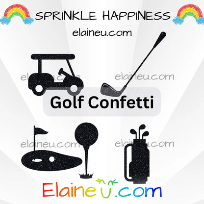 Golf confetti set featuring golf clubs in a bag, single club, golf cart, golf flag with hole and ball, and golf ball on a tee. Made from premium cardstock in green, gold, and white. Perfect for golf birthdays, retirements, or tournament parties. Contains small parts – keep out of reach of children. Sizes shown not to scale.
