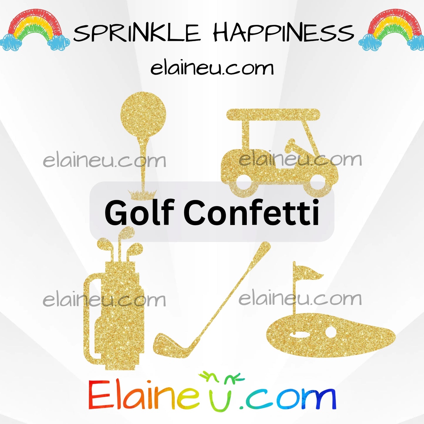 Gold glitter golf-themed confetti with 'Sprinkle Happiness' and 'Elaineéñ.com' branding on a white background.